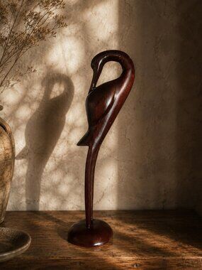 Vintage Mid-Century Modern Carved Wooden Crane Bird Sculpture